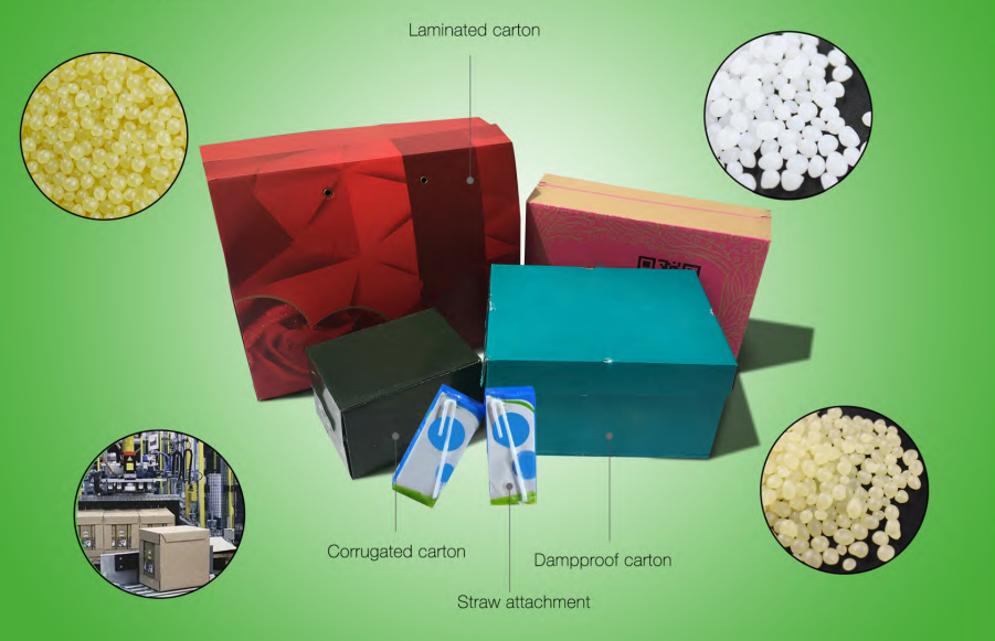 Hot melt adhesive applications for laminated cartons, corrugated cartons, damp-proof cartons and straw attachments